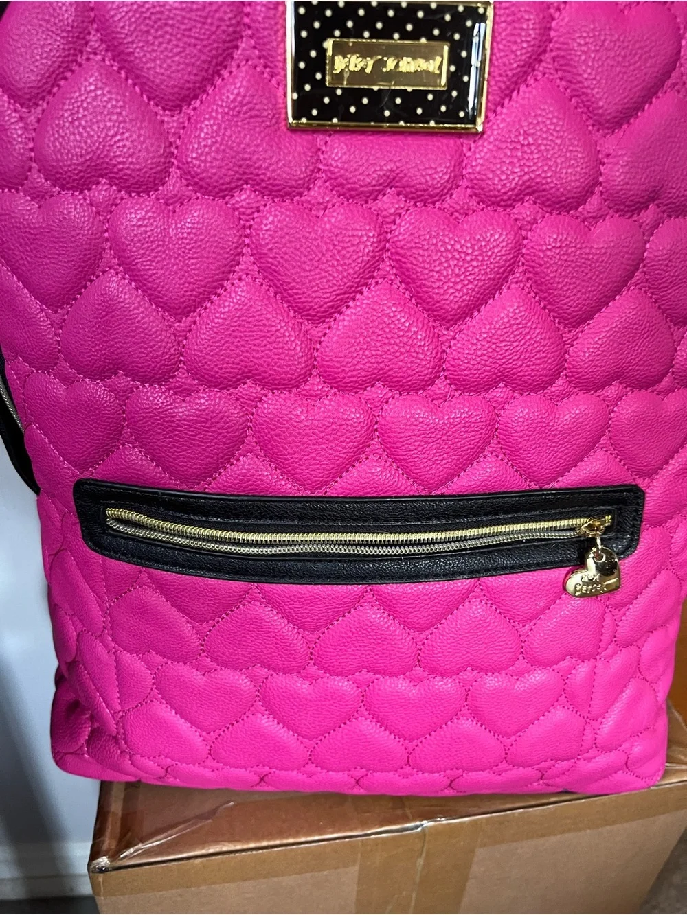 Betsey Johnson Bright Pink Quilted Heart Backpack with Black Trim